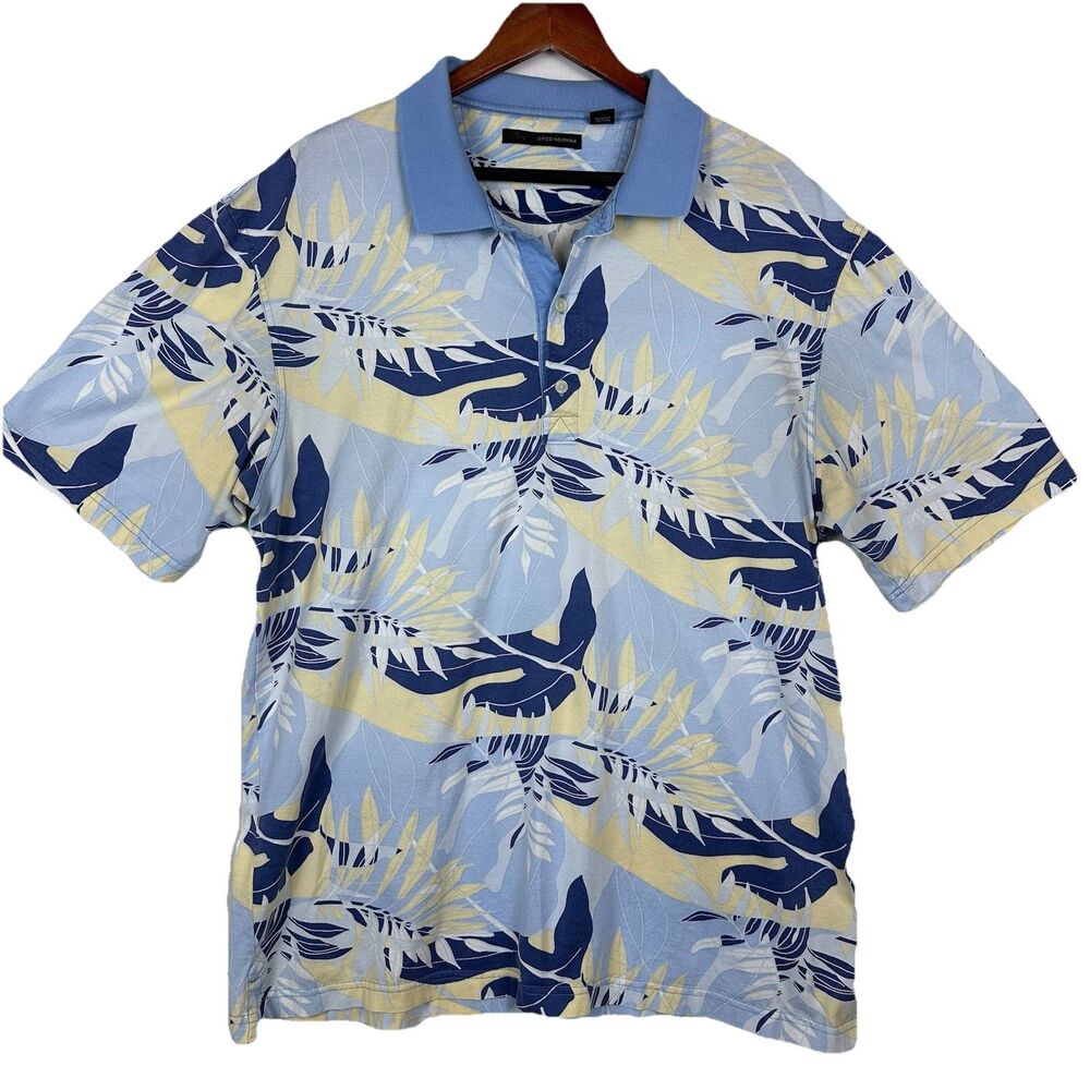 Greg Norman Polo Shirt Mens L Blue Hawaiian Tropical Short Sleeve Golf AOP